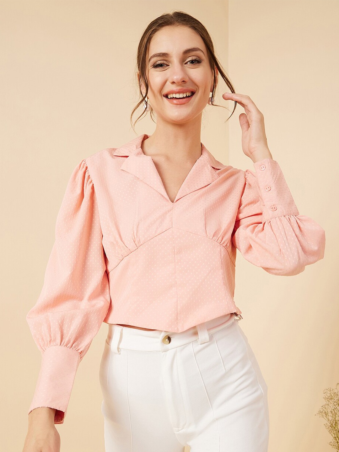 

RARE Pink Gathered Shirt Collar Cuffed Sleeves Crop Top