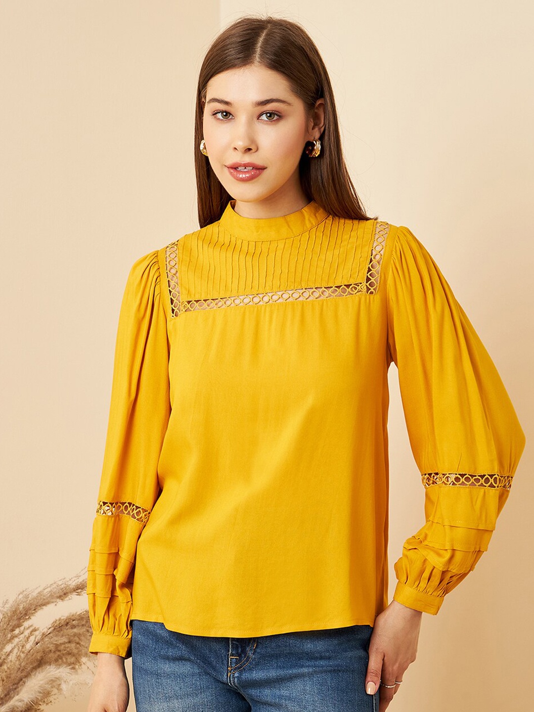 

RARE High Neck Puff Sleeve Top, Mustard