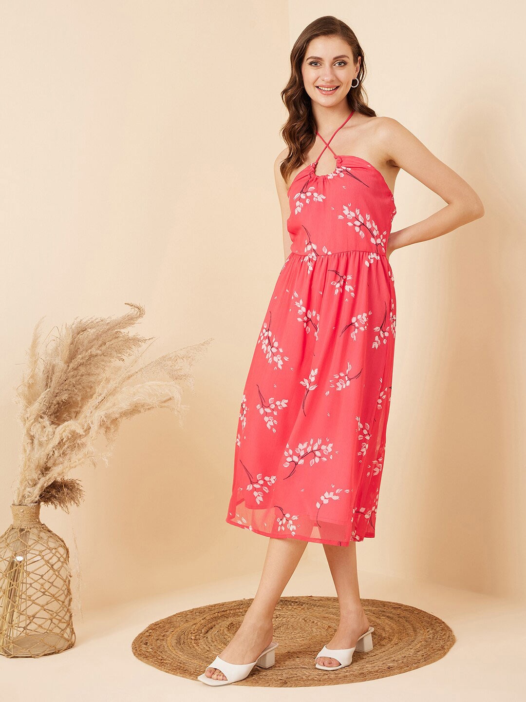 

RARE Pink & White Floral Printed Halter Neck Fit & Flare Midi Dress