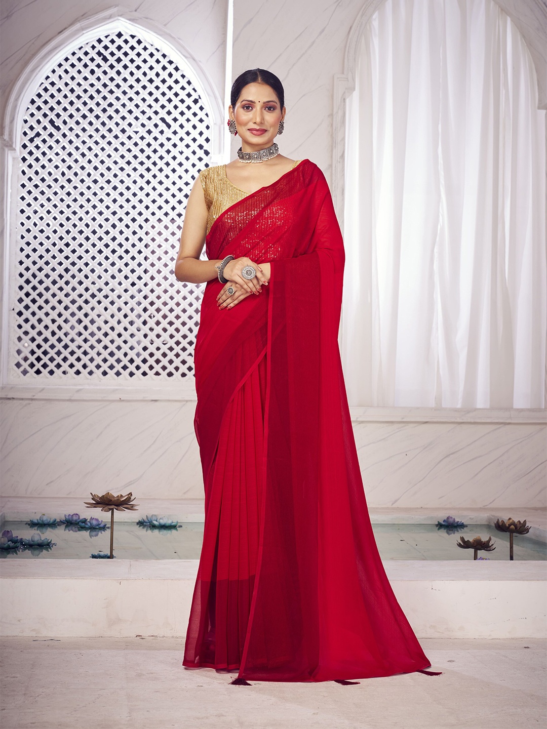 

elora Poly Georgette Bhagalpuri Saree, Red