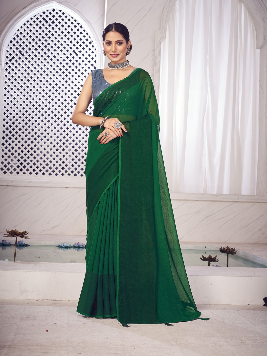 

elora Bhagalpuri Saree With Tassels, Green