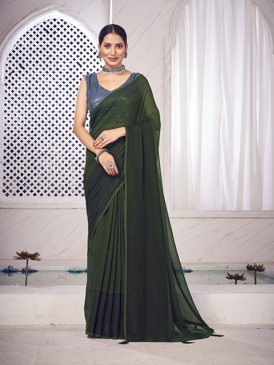 

elora Bhagalpuri Saree With Tassels, Green