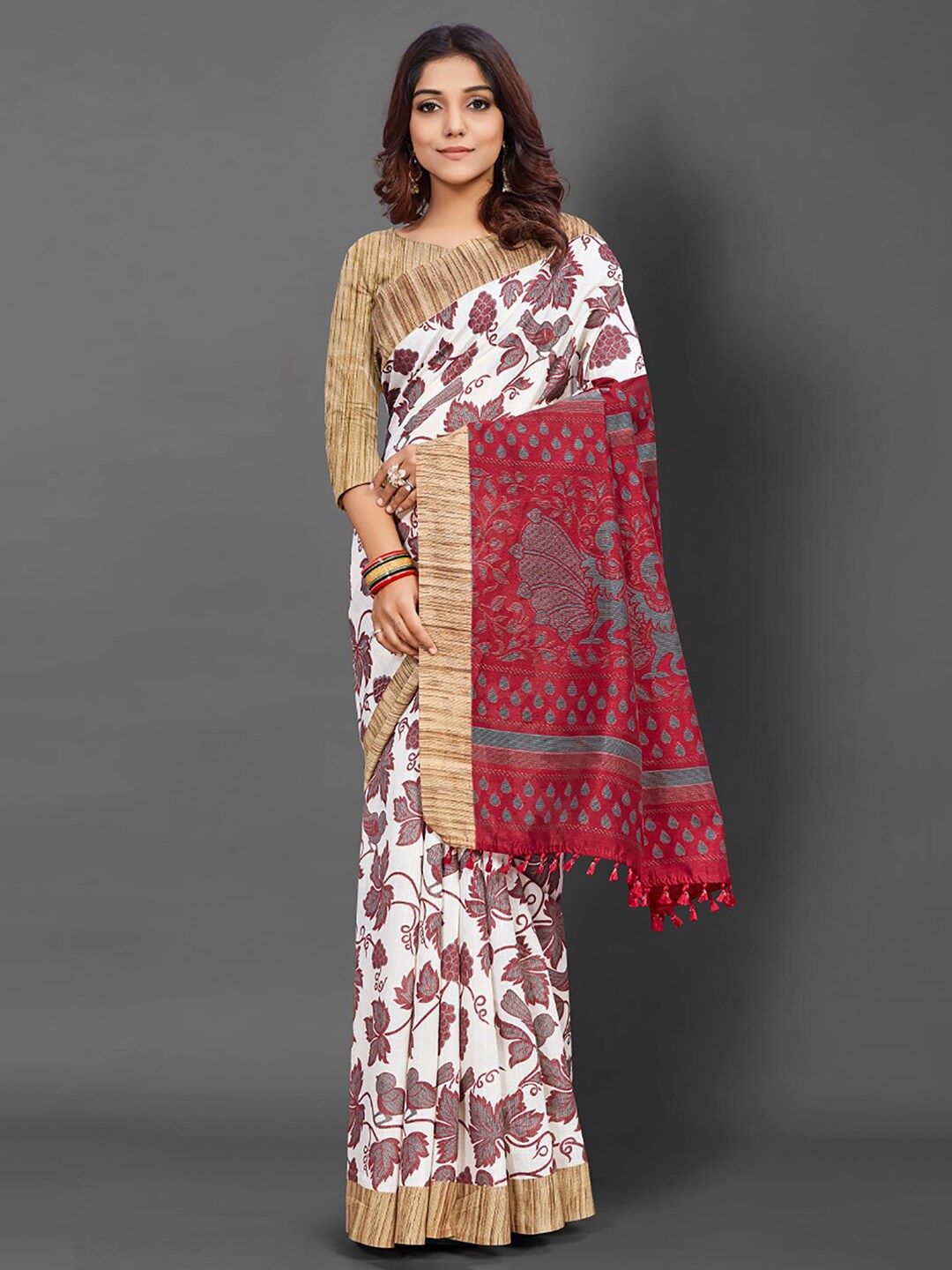 

KALINI Floral Printed Saree, White
