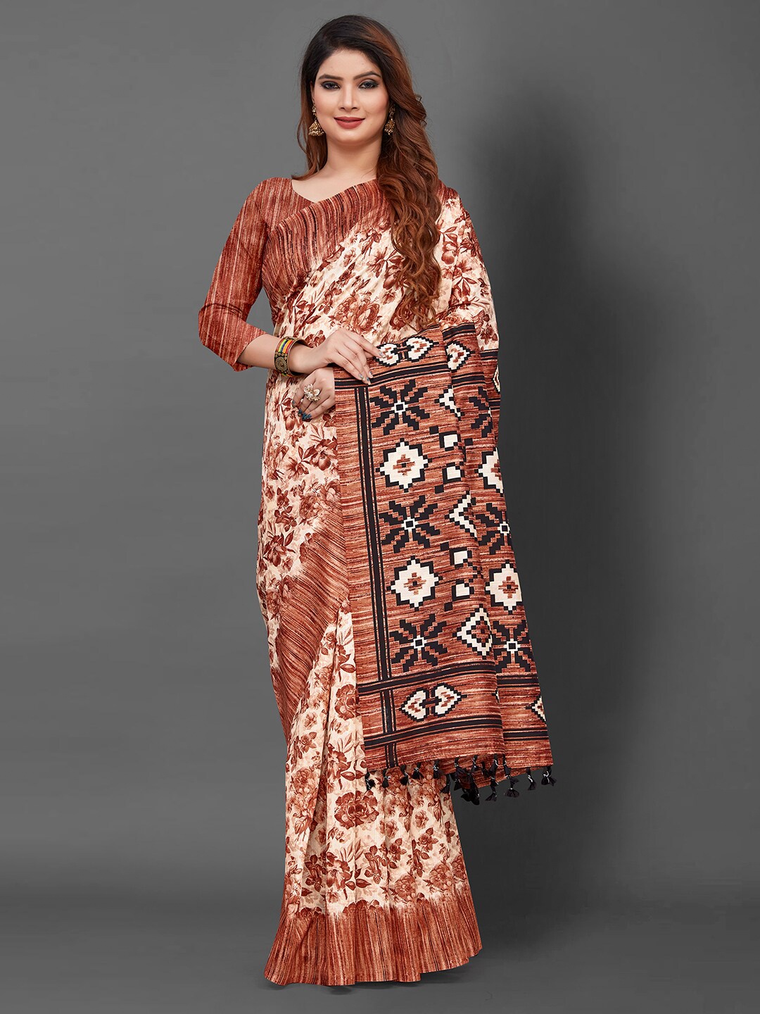 

KALINI Floral Printed Art Silk Saree, Brown