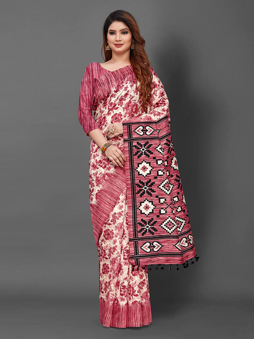 

KALINI Ethnic Motifs Block Printed Art Silk Saree, Pink