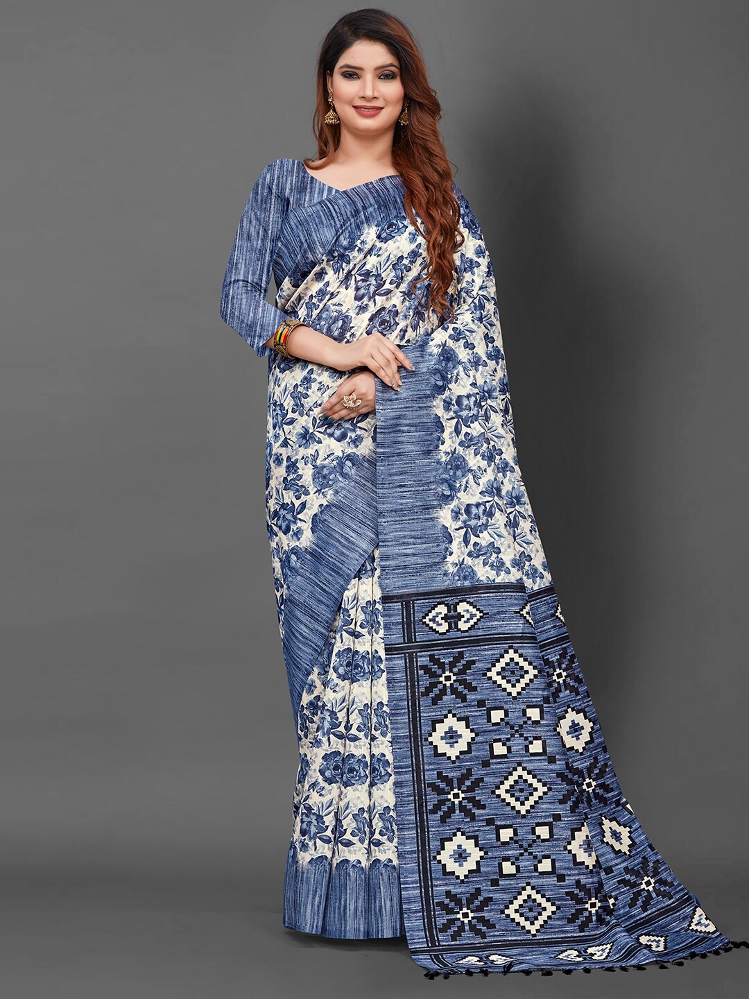 

KALINI Floral Printed Festive Saree, Blue