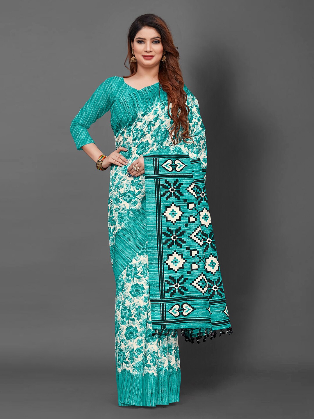 

KALINI Ethnic Motifs Art Silk Block Print Saree, Turquoise blue