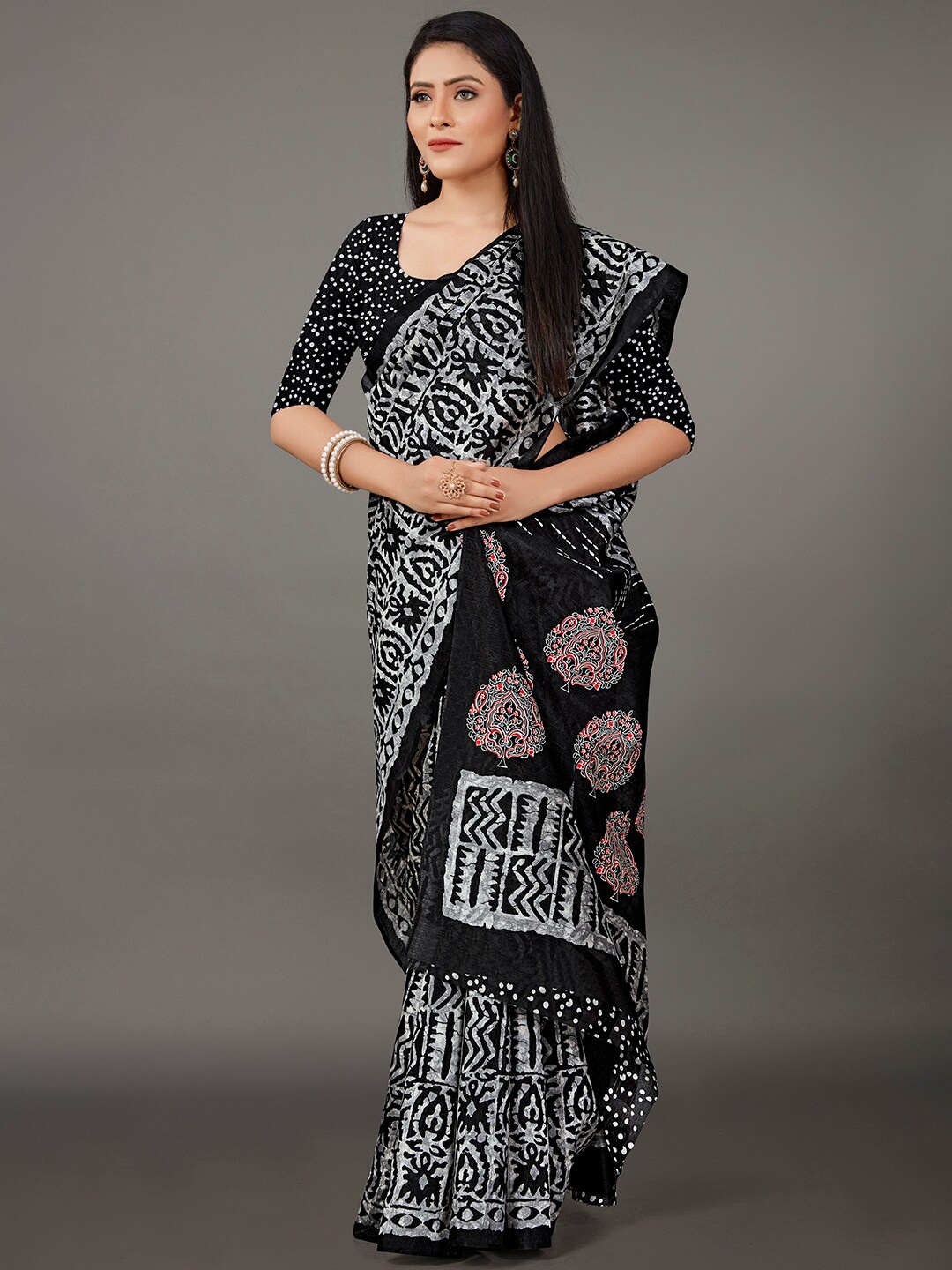 

KALINI Ethnic Motifs Art Silk Ikat Saree, Black