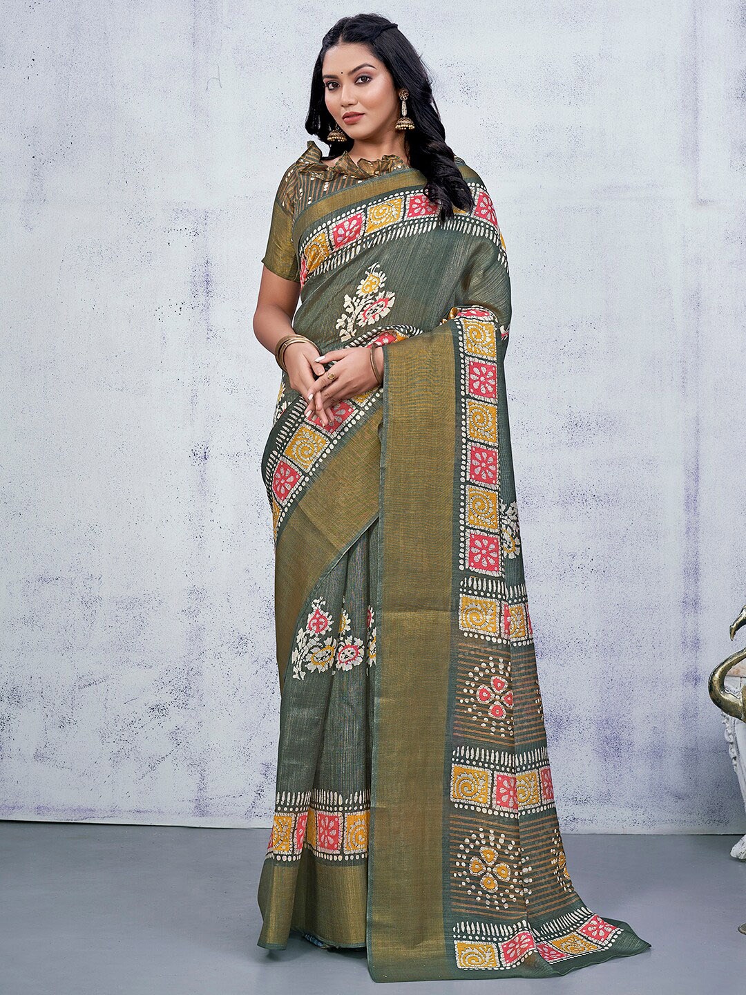 

KALINI Ethnic Motifs Printed Zari Saree, Olive