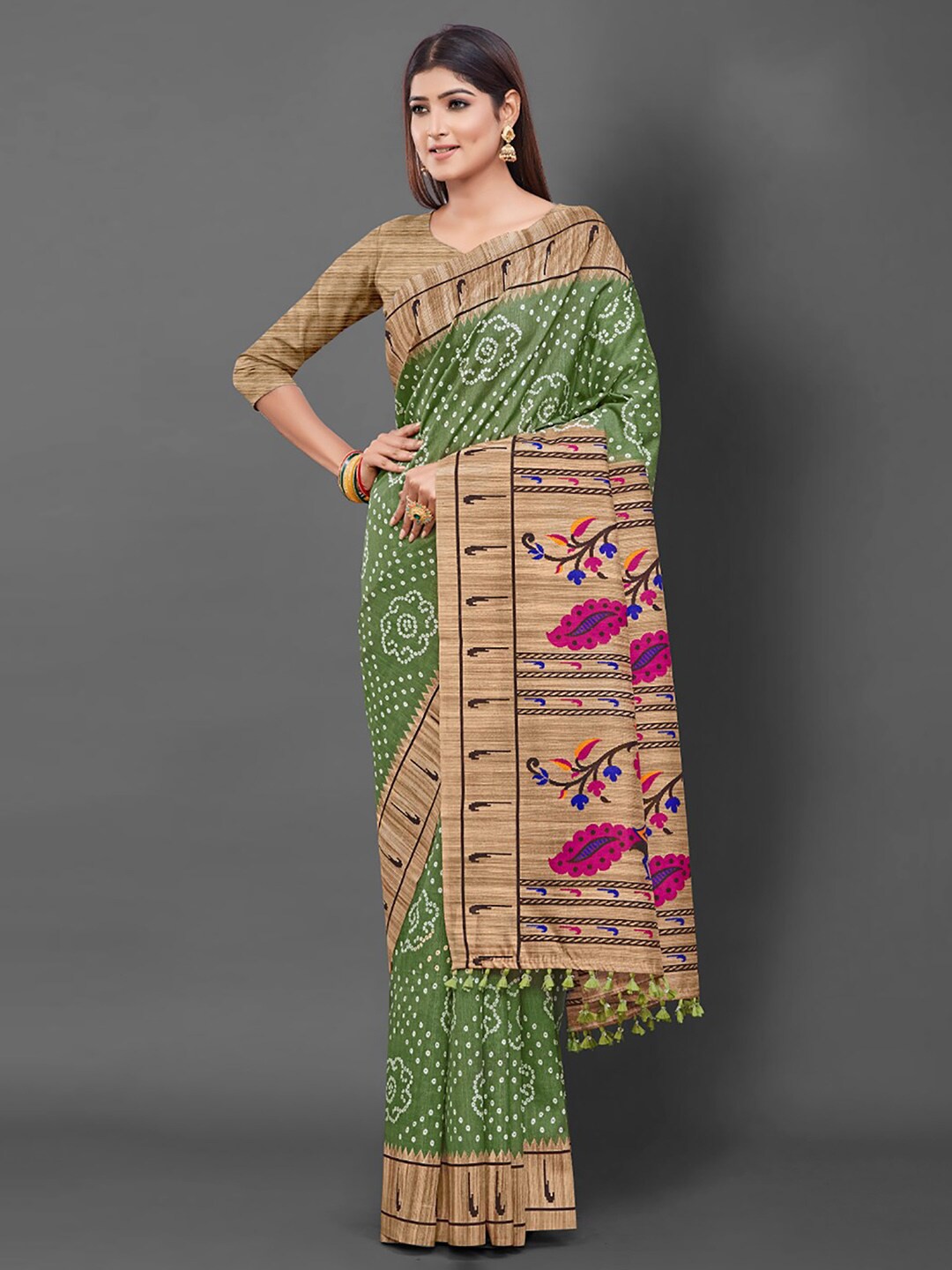 

KALINI Bandhani Printed Art Silk Bandhani Saree, Green