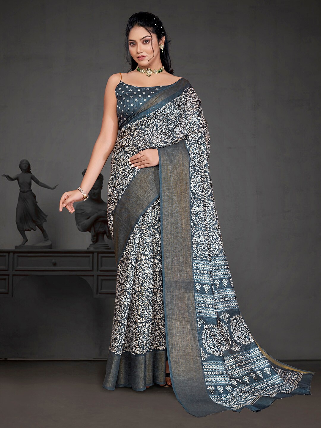 

KALINI Ethnic Motifs Printed Zari Saree, Grey