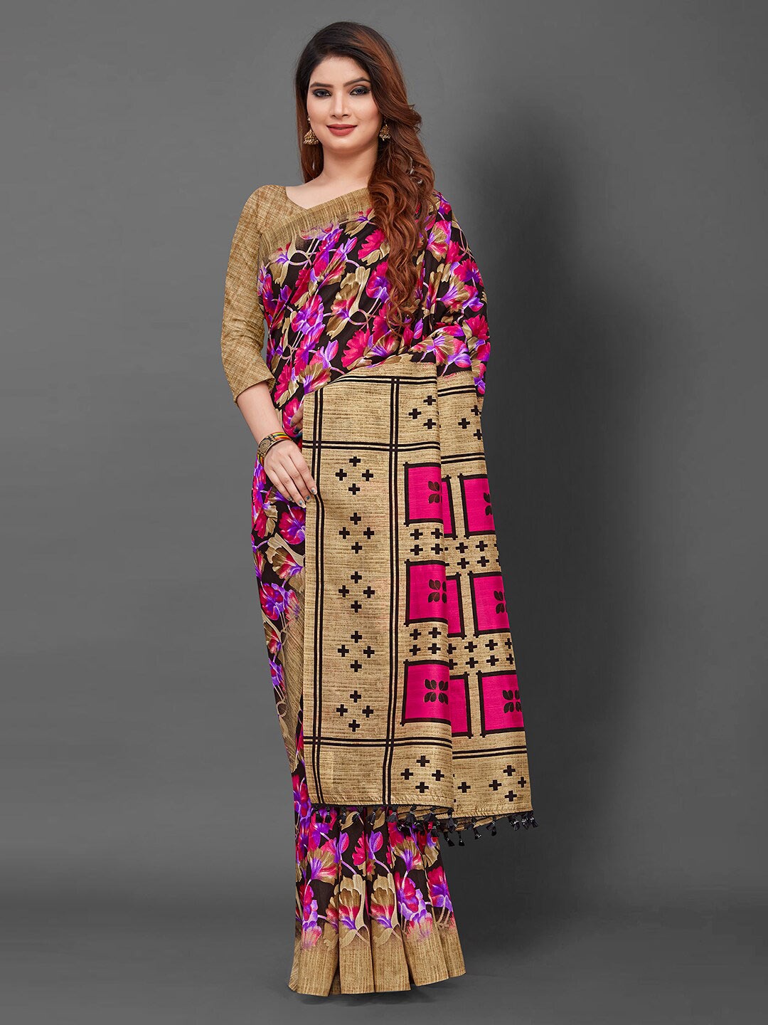 

KALINI Floral Printed Festive Saree, Black