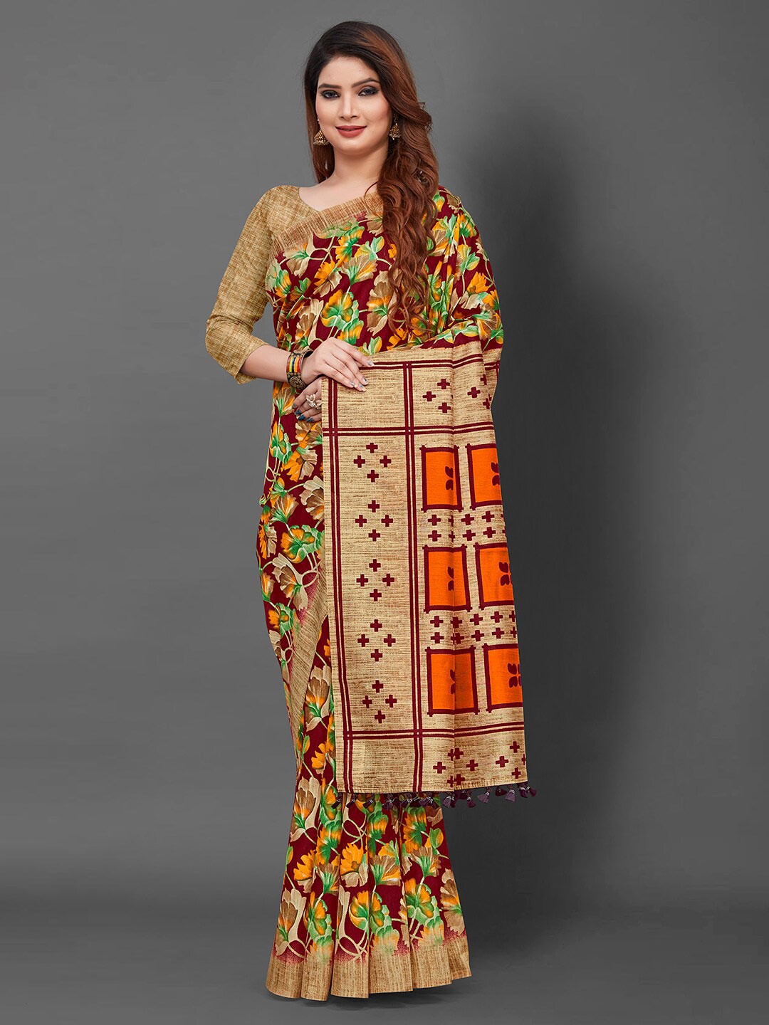 

KALINI Floral Printed Festive Saree, Maroon