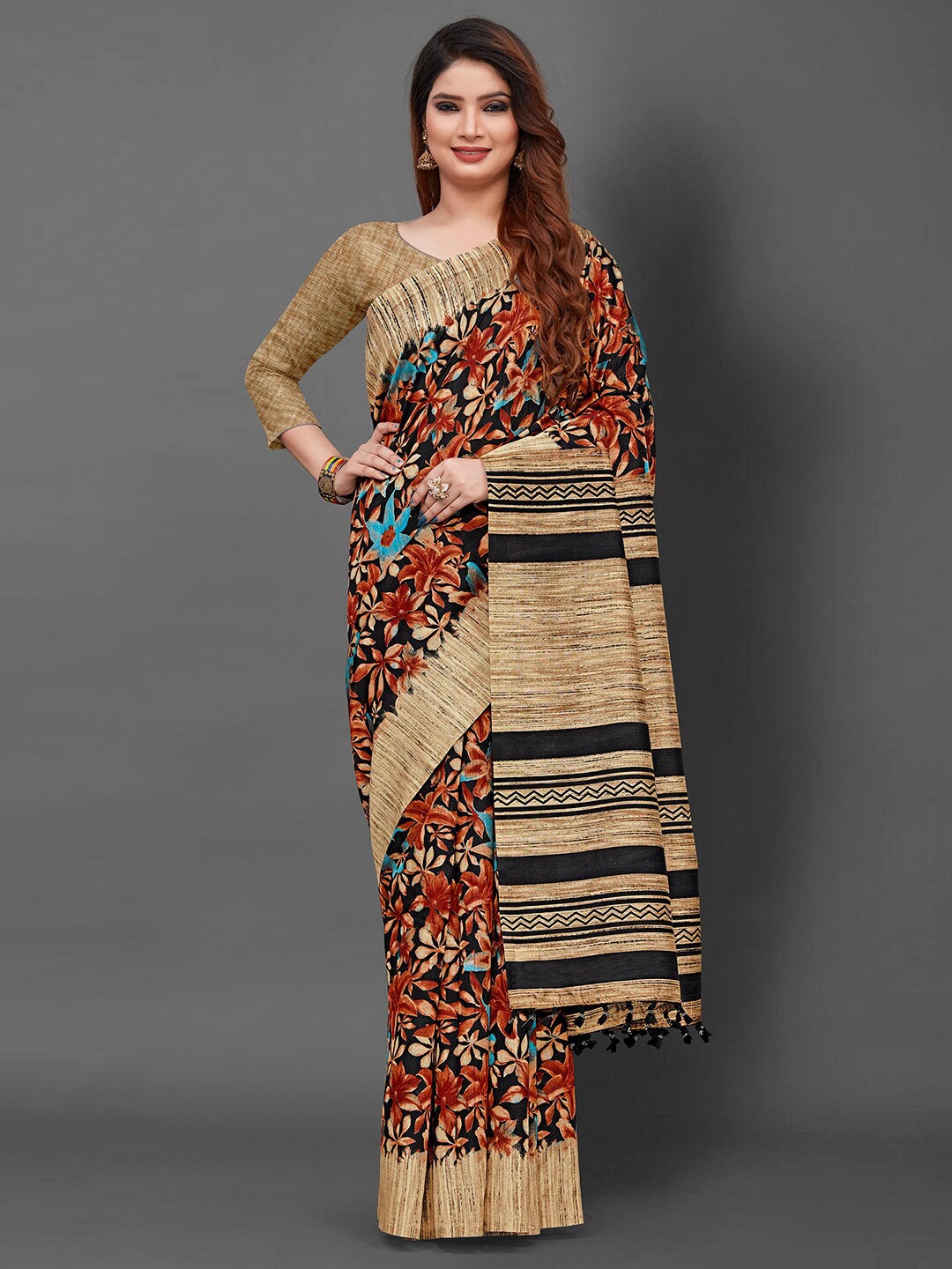 

KALINI Floral Art Silk Bhagalpuri Saree, Brown