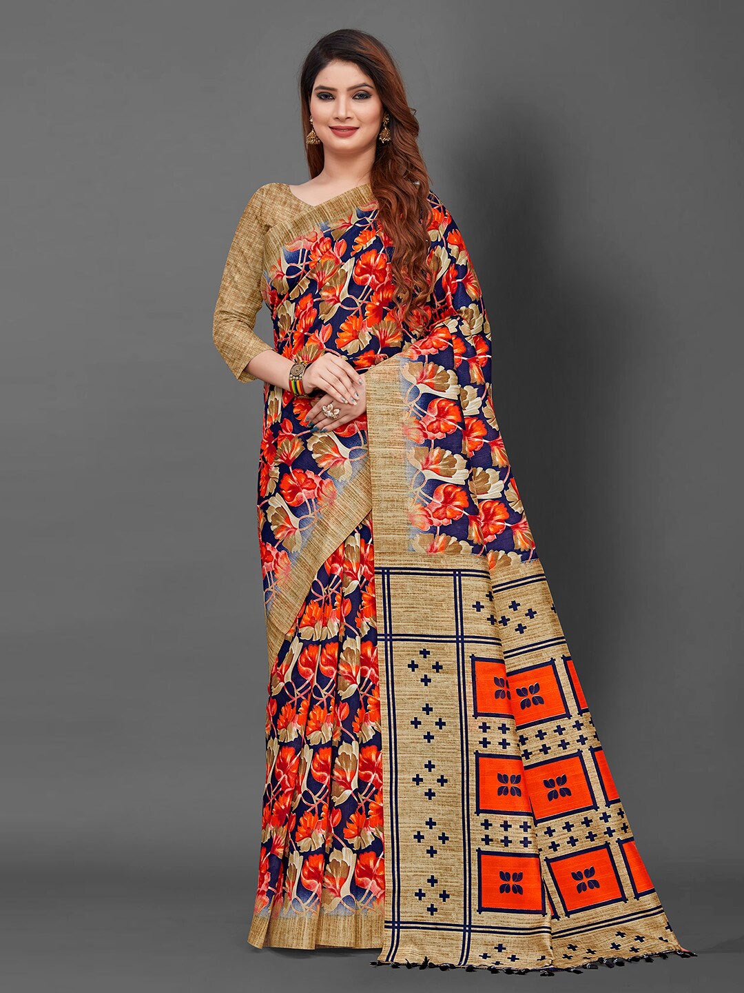 

KALINI Floral Printed Saree, Navy blue