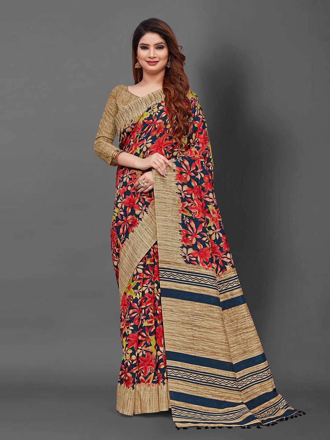 

KALINI Floral Block Print Saree, Red