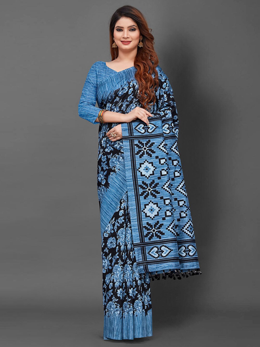 

KALINI Floral Block Print Saree, Blue