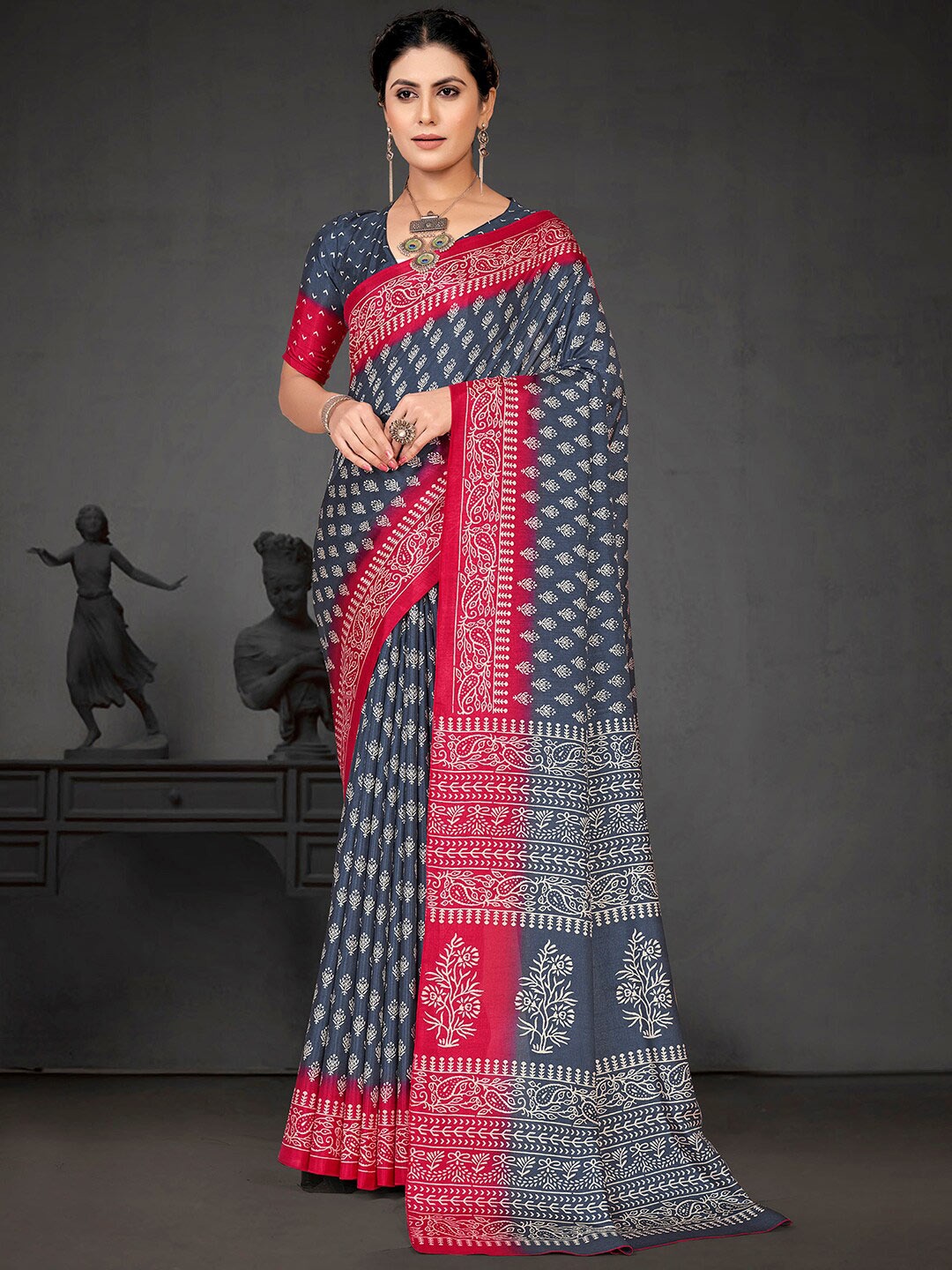 

KALINI Ethnic Motifs Block Printed Art Silk Saree, Grey