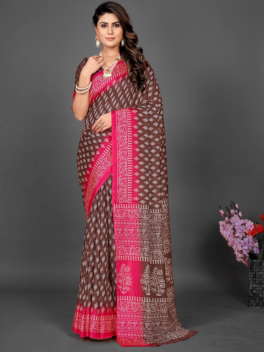 

KALINI Ethnic Motifs Printed Art Silk Block Print Saree, Brown