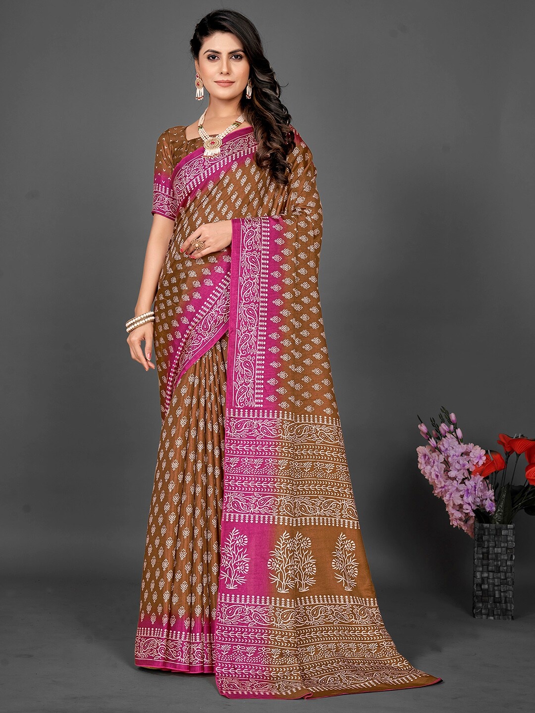 

KALINI Ethnic Motis Block Printed Art Silk Saree, Brown