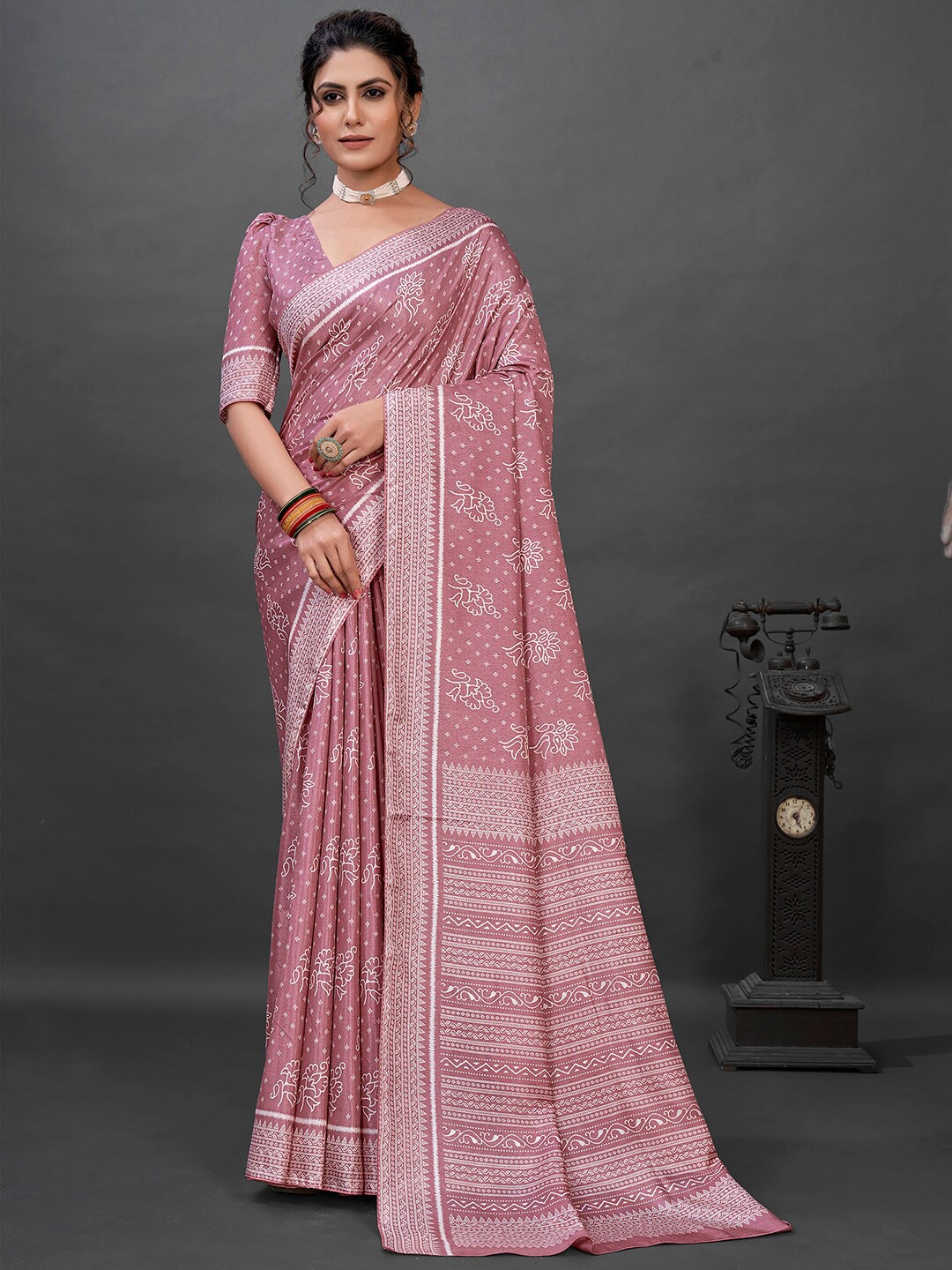

KALINI Floral Printed Art Silk Bagh Saree, Mauve