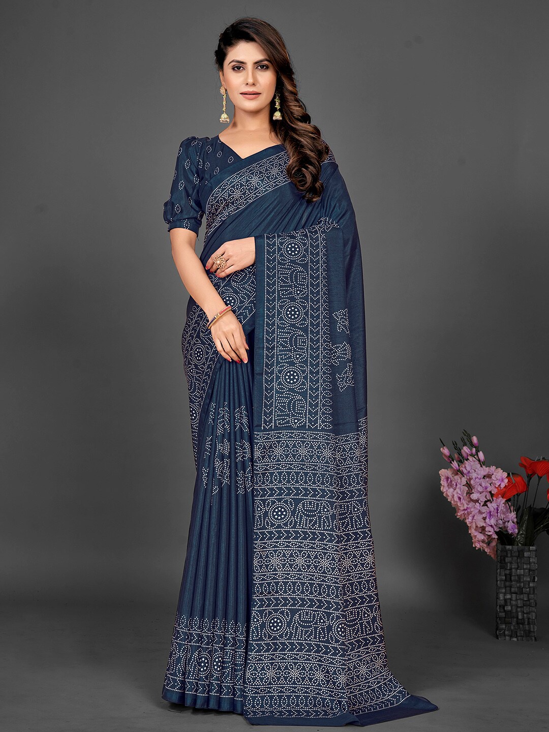 

KALINI Bandhani Art Silk Block Print Saree, Navy blue