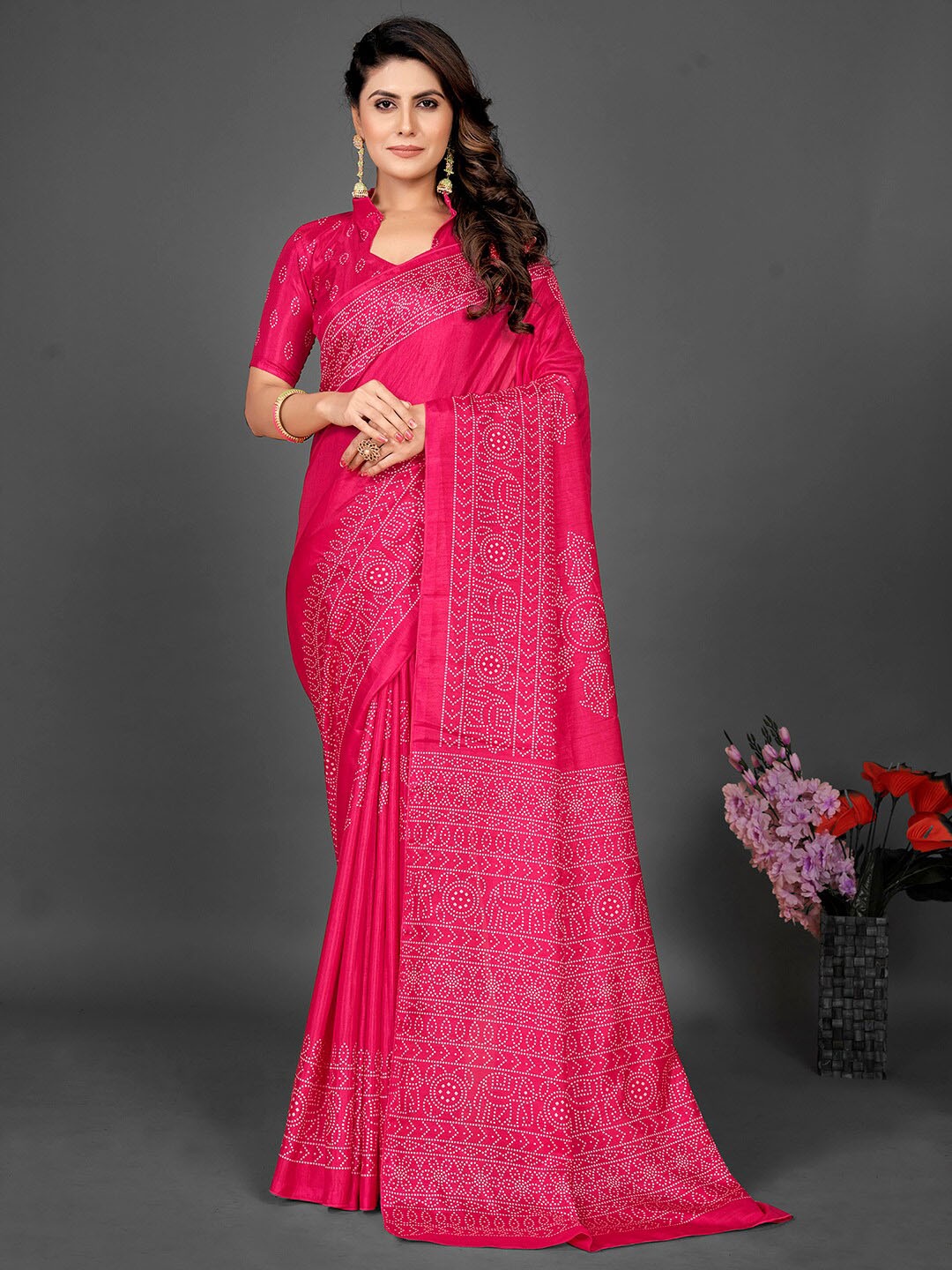 

KALINI Bandhani Art Silk Block Print Saree, Pink