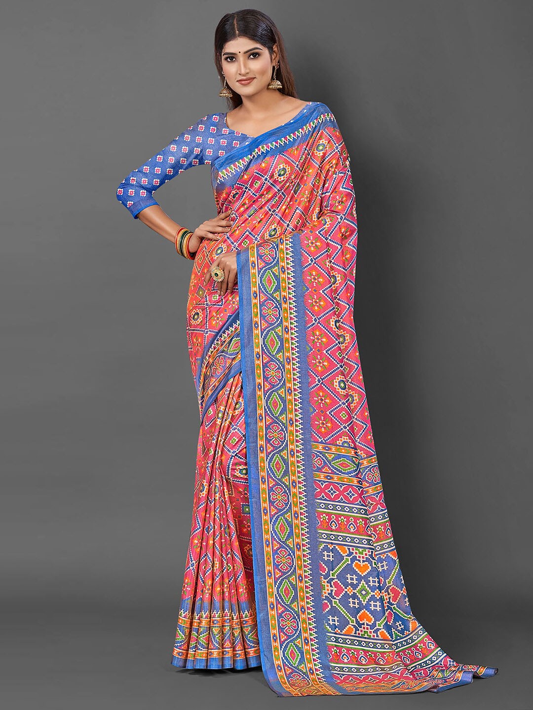 

KALINI Ethnic Motifs Printed Silk Blend Bagru Saree, Pink