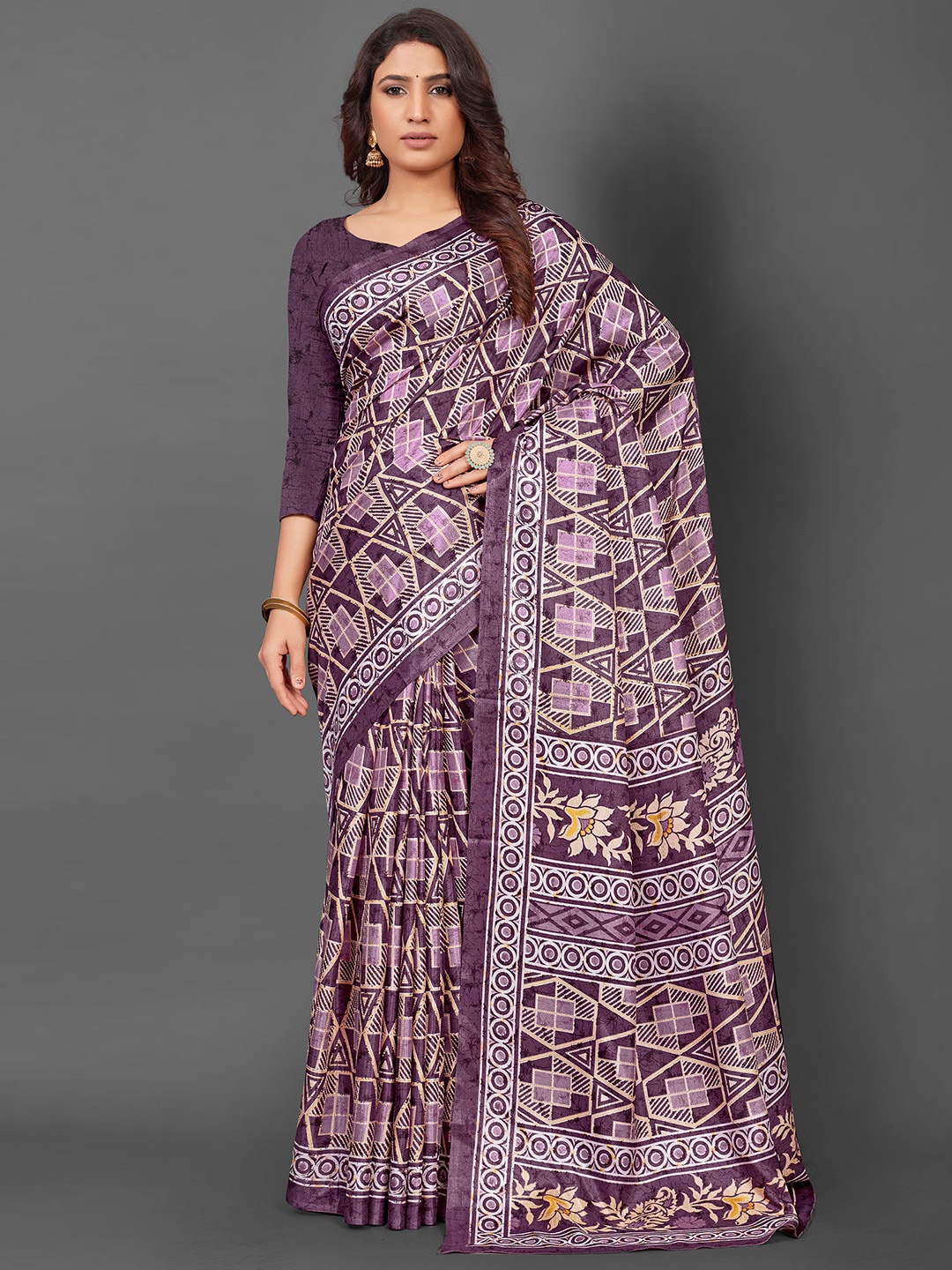 

KALINI Ethnic Motifs Printed Art Silk Block Print Saree, Purple