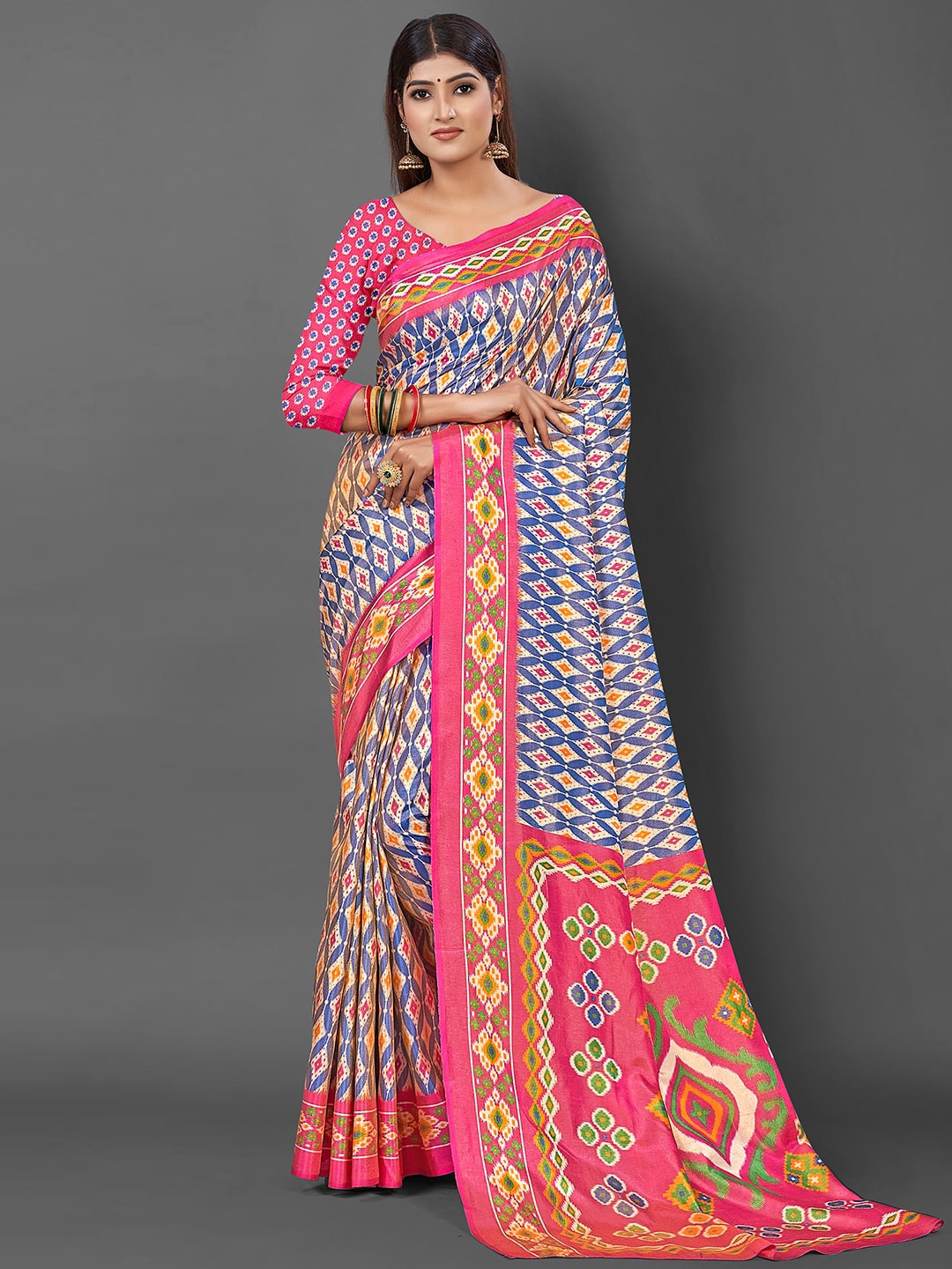 

KALINI Ethnic Motifs Printed Bagru Saree, Blue