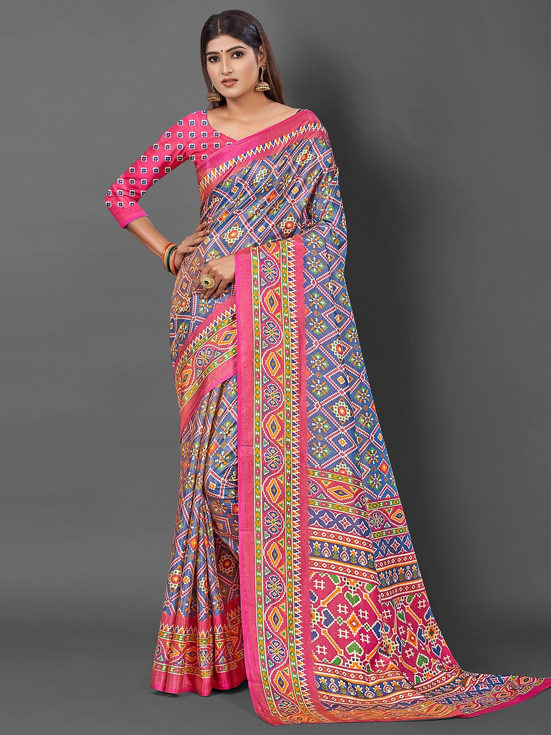 

KALINI Ethnic Motifs Printed zari Bagru Saree, Blue