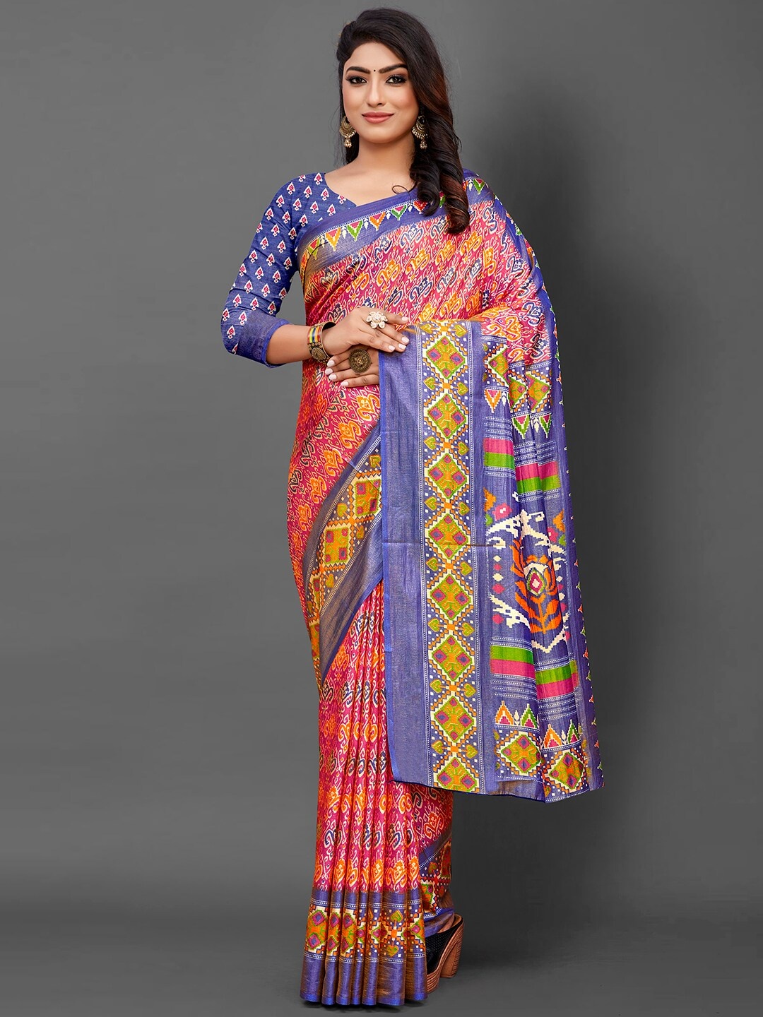 

KALINI Ethnic Motifs Bagru Saree, Pink