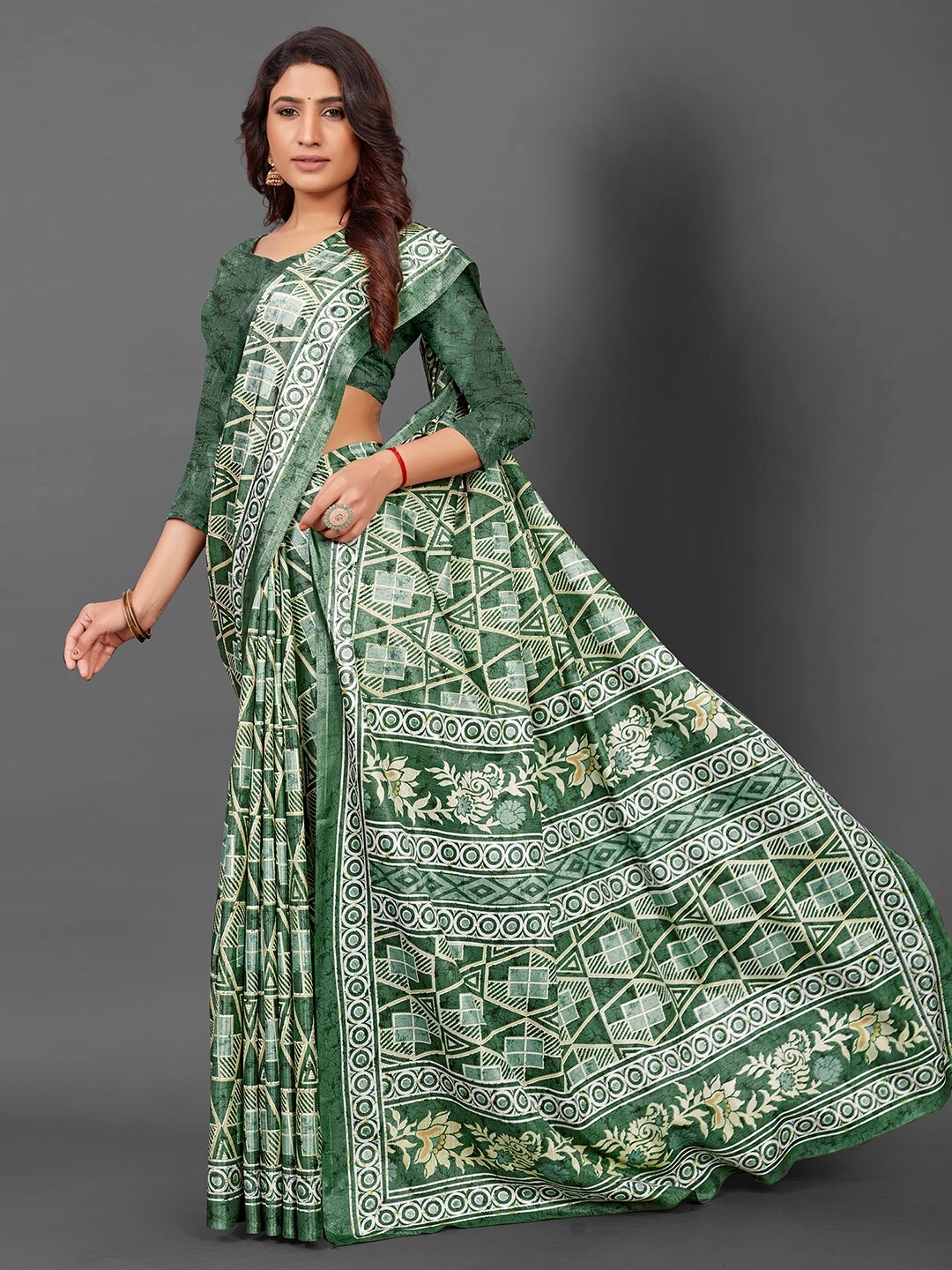 

KALINI Geometric Block Printed Art Silk Saree, Green