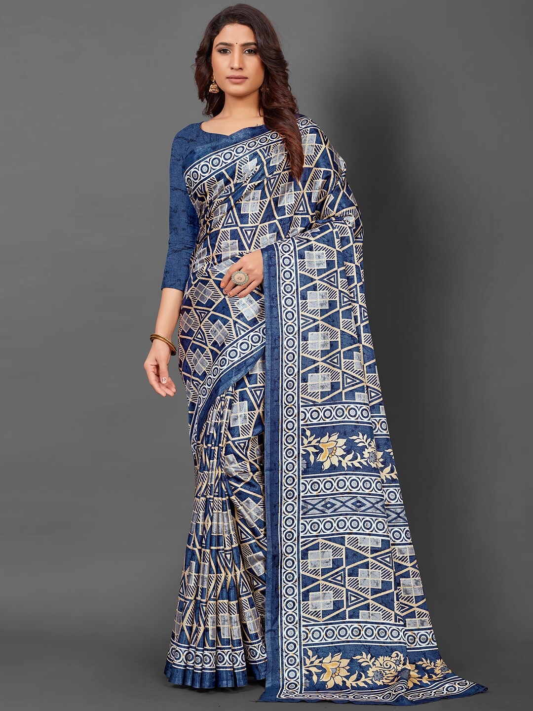

KALINI Ethnic Motifs Printed Art Silk Block Print Saree, Navy blue