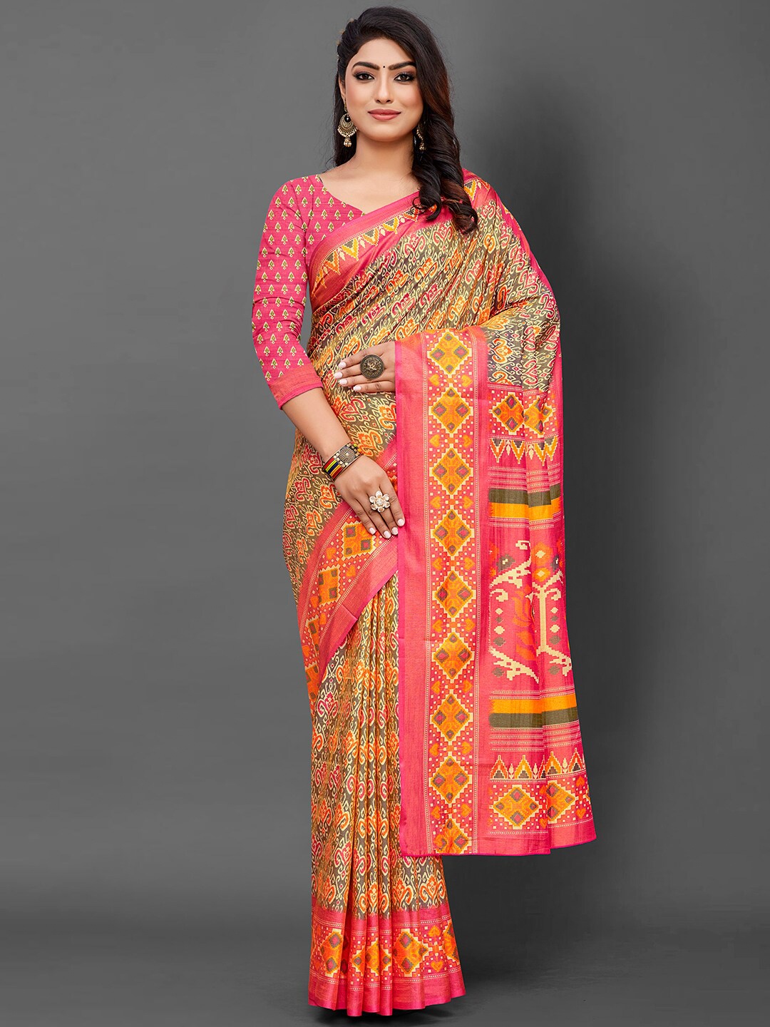 

KALINI Ethnic Motifs Bagru Saree, Peach