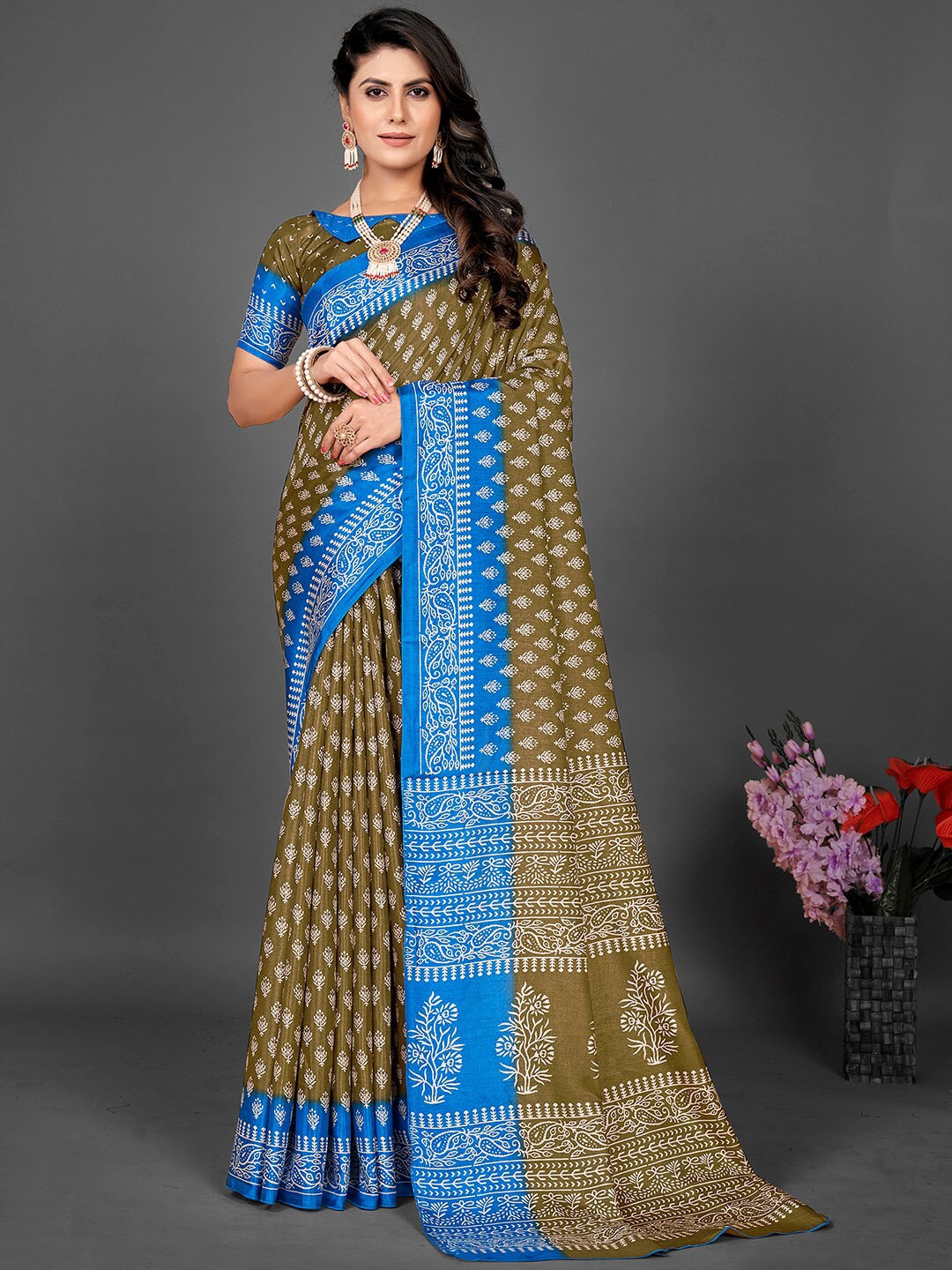 

KALINI Ethnic Motifs Printed Art Silk Block Print Saree, Olive