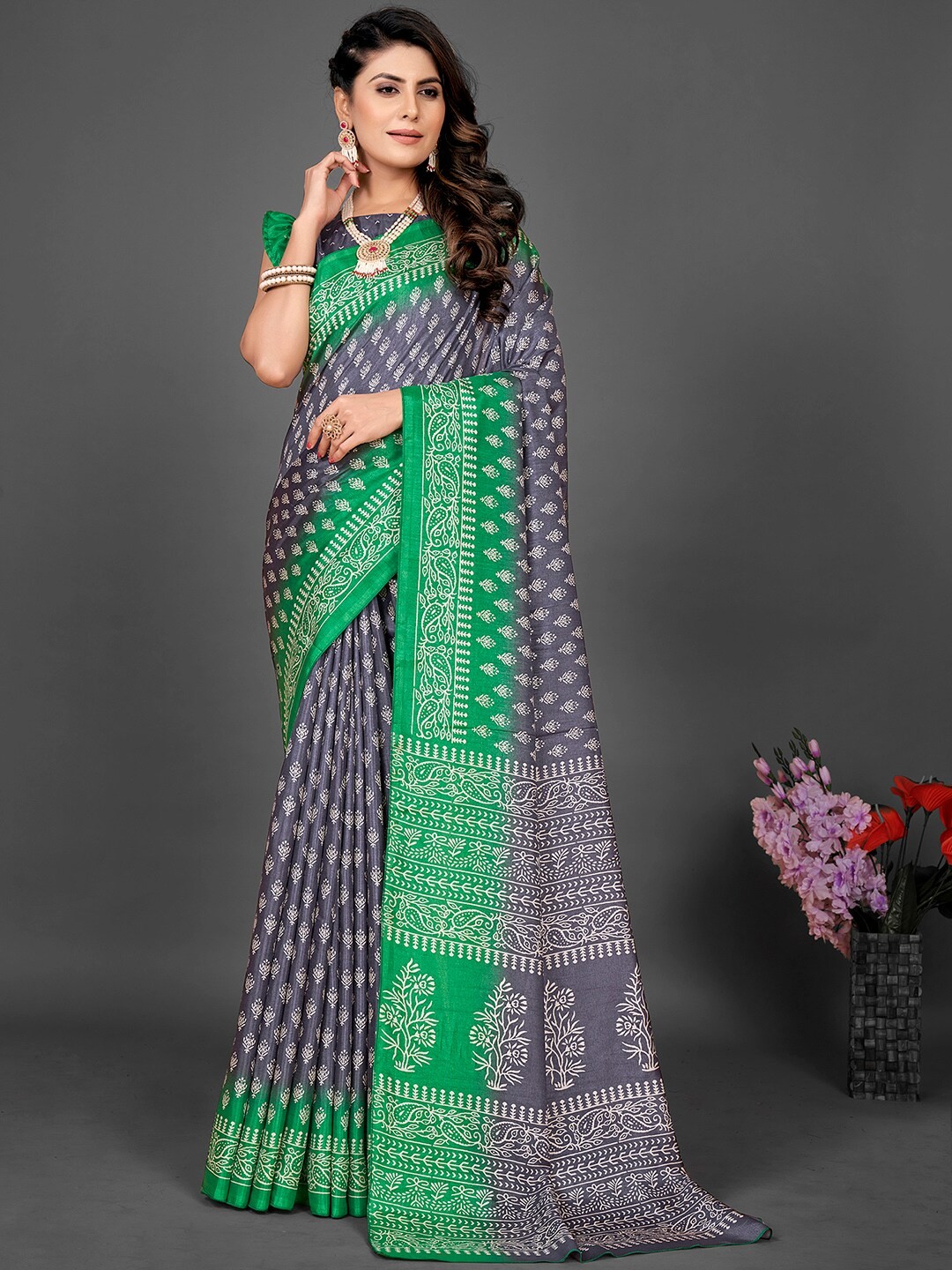 

KALINI Bagh Art Silk Block Print Saree, Grey