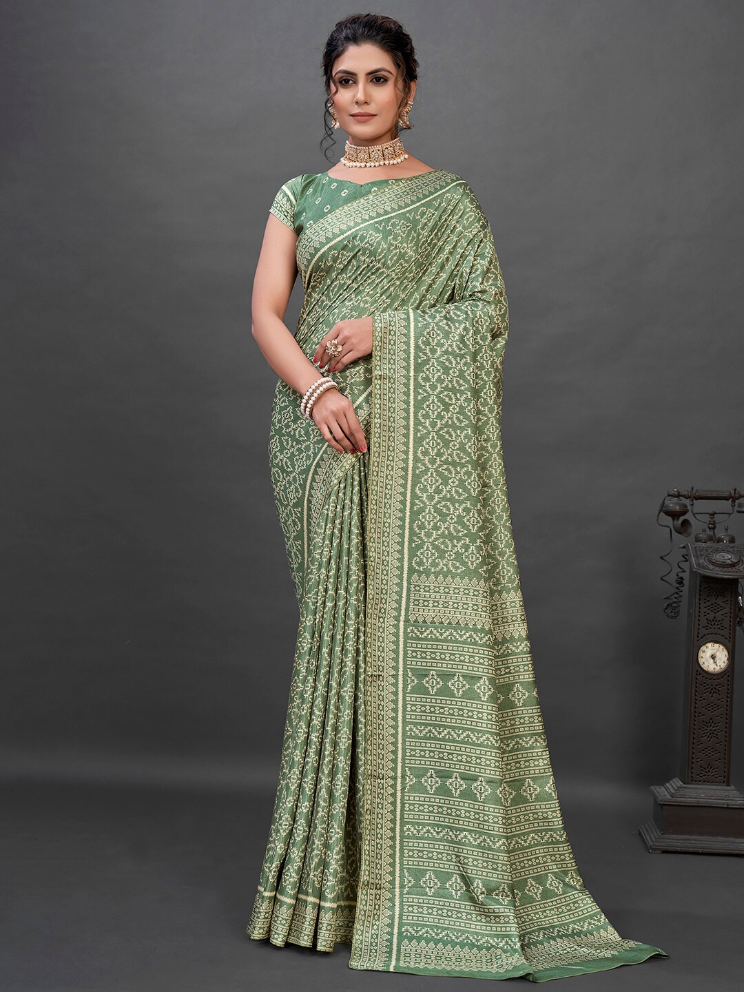 

KALINI Ethnic Motifs Printed Ikat Saree, Olive