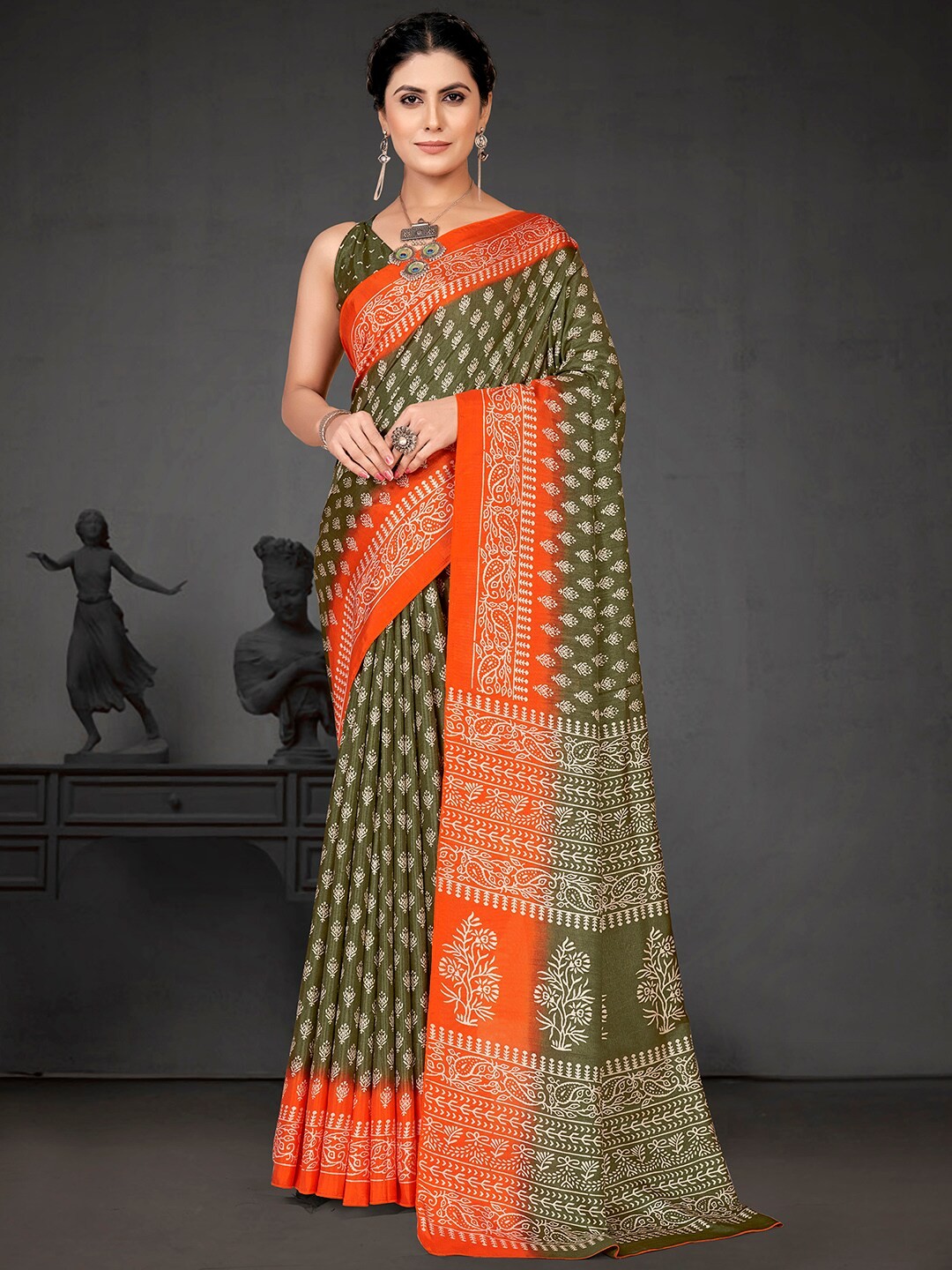 

KALINI Ethnic Motifs Printed Block Print Saree, Olive