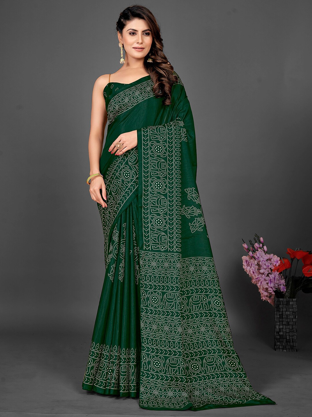 

KALINI Ethnic Motifs Printed Block Print Saree, Green