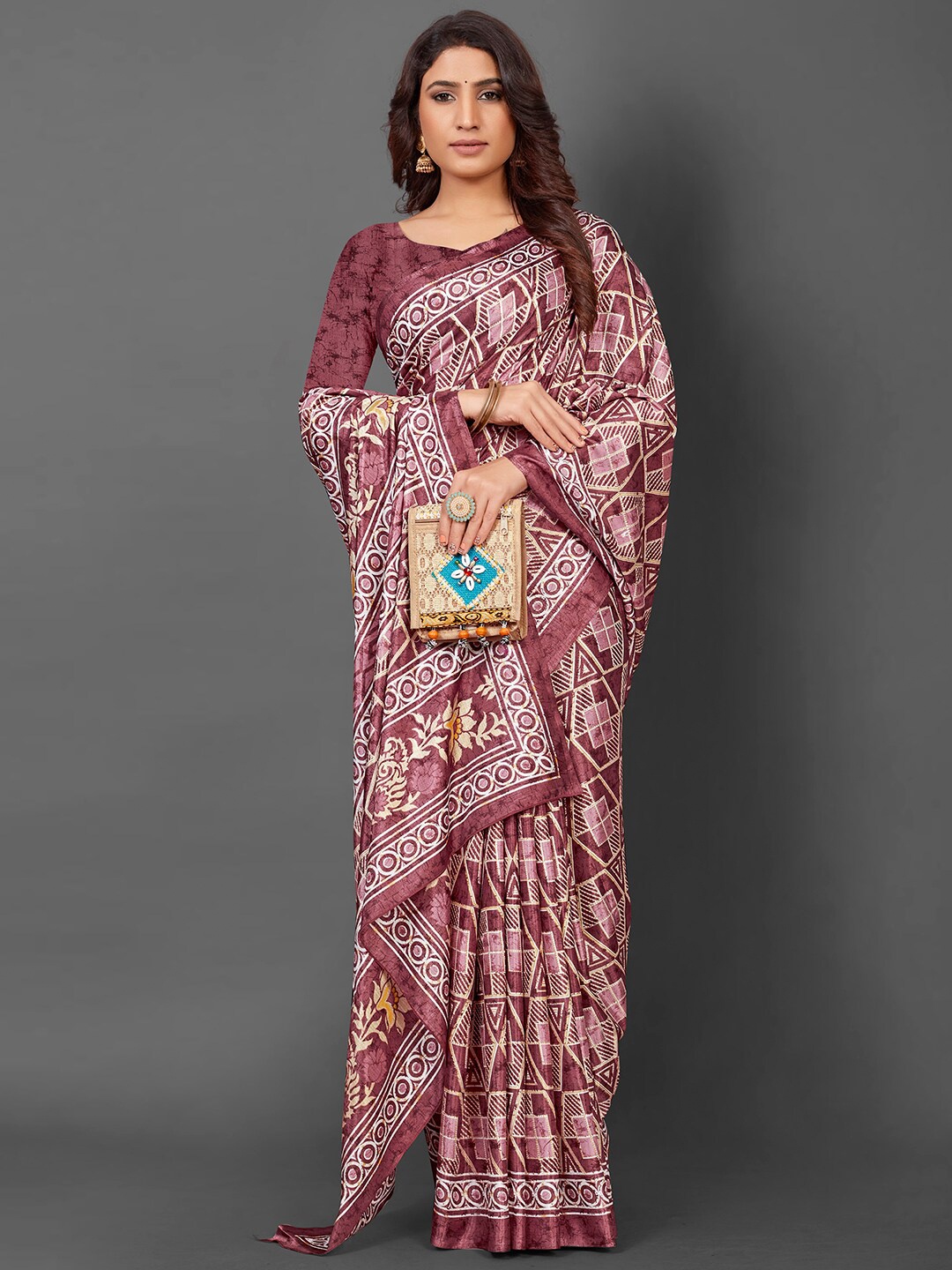

KALINI Geometric Printed Art Silk Block Saree, Mauve