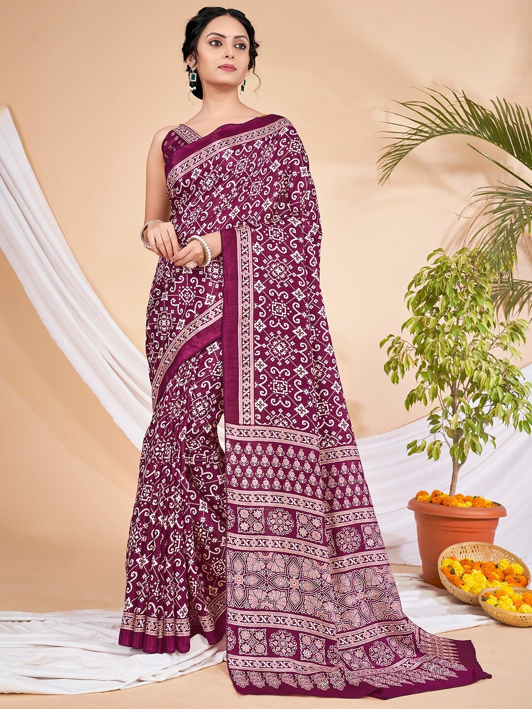 

KALINI Ajrak Block Art Silk Block Print Saree, Magenta