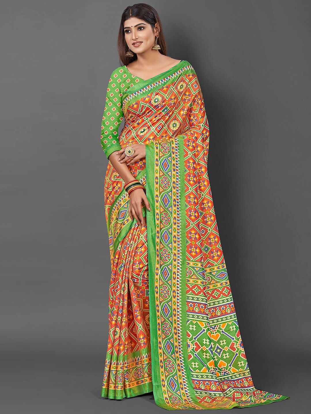 

KALINI Ethnic Motifs Printed Bagru Saree, Orange