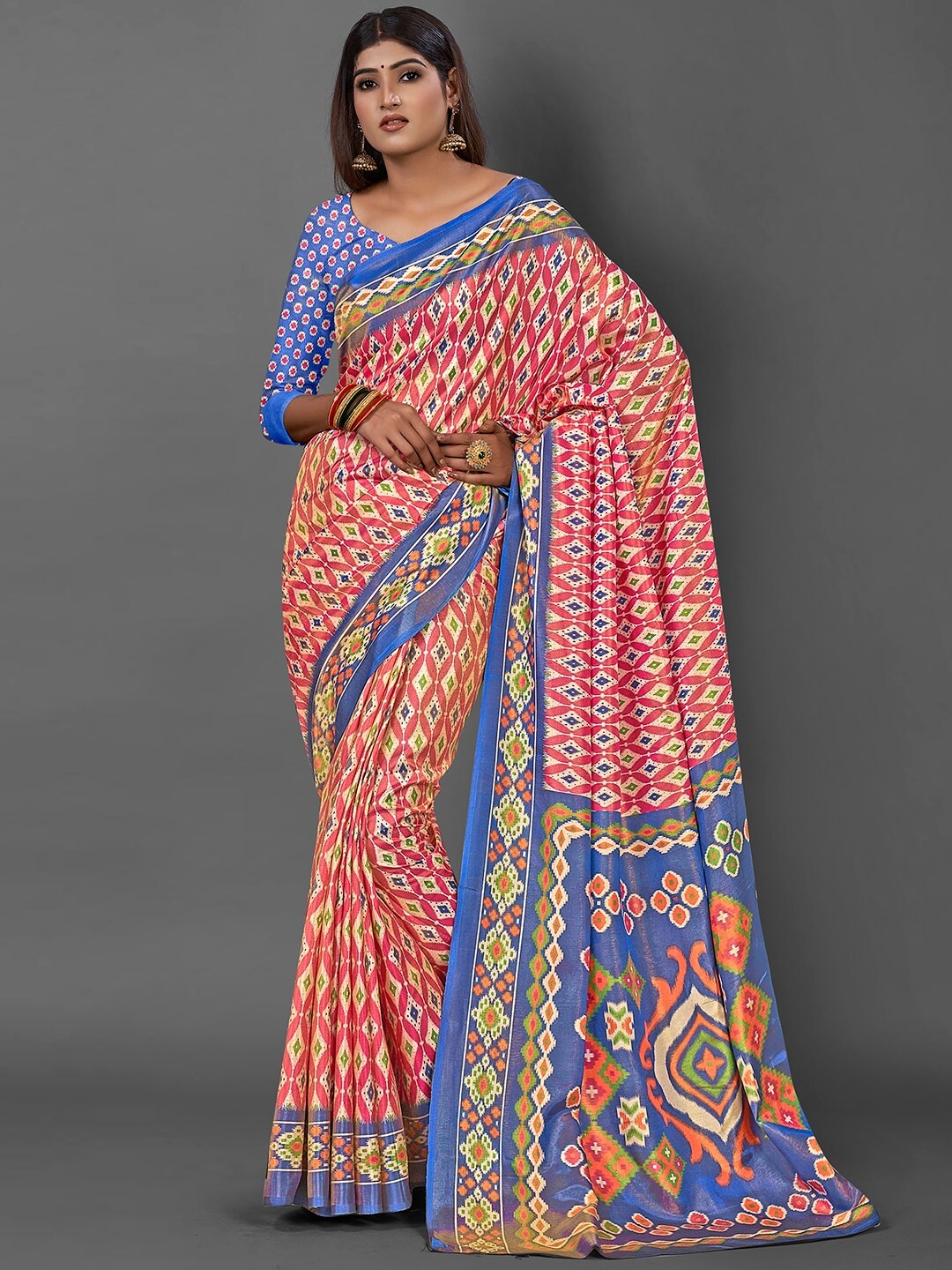 

KALINI Ethnic Motifs Printed Bagru Saree, Pink