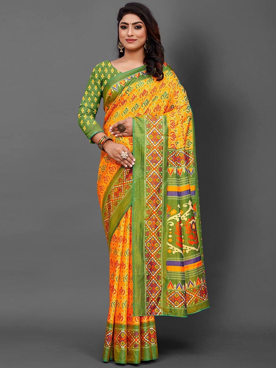 

KALINI Ethnic Motifs Printed Zari Bagru Saree, Yellow