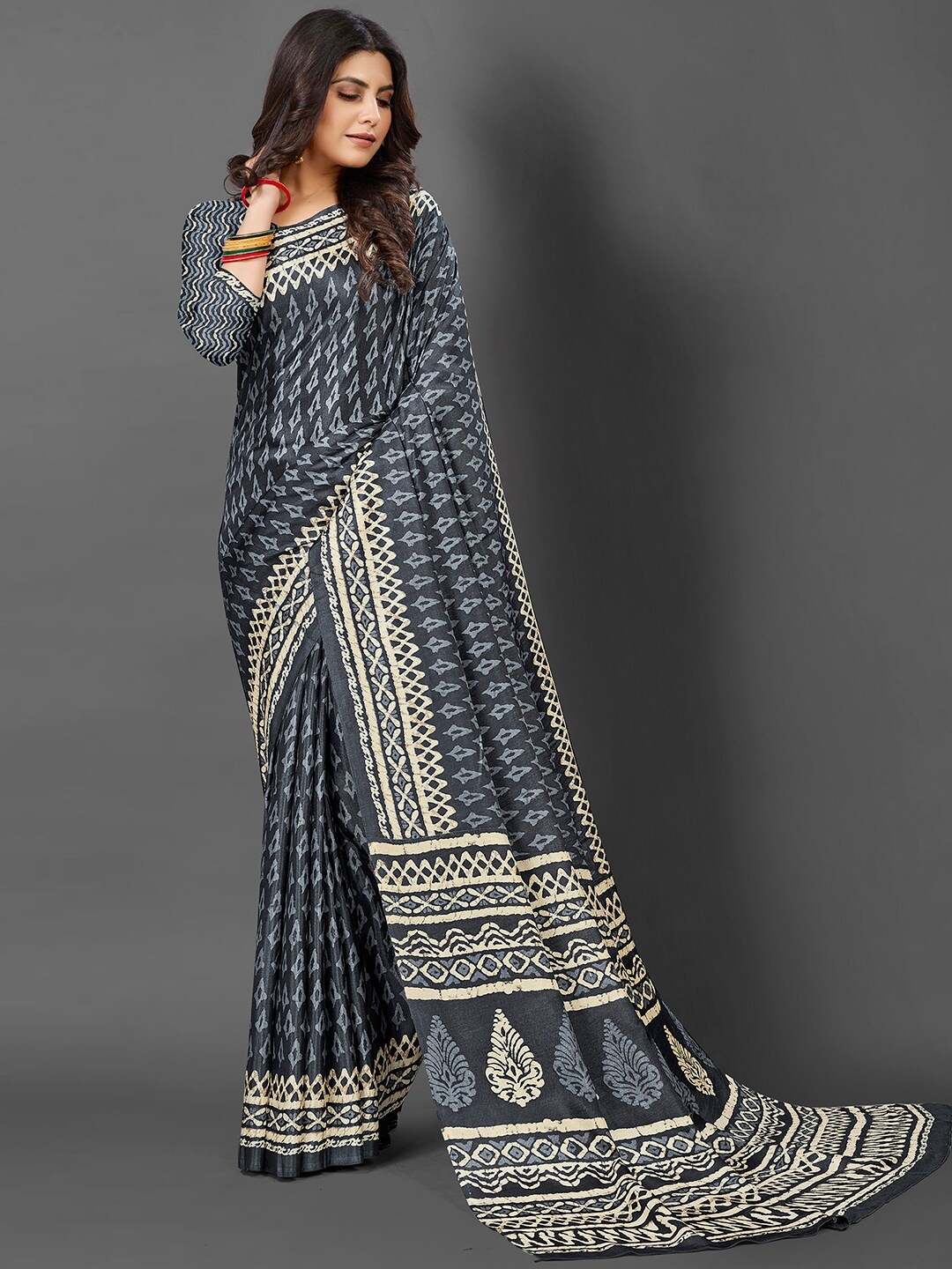 

KALINI Ethnic Motifs Printed Art Silk Bagh Saree, Grey
