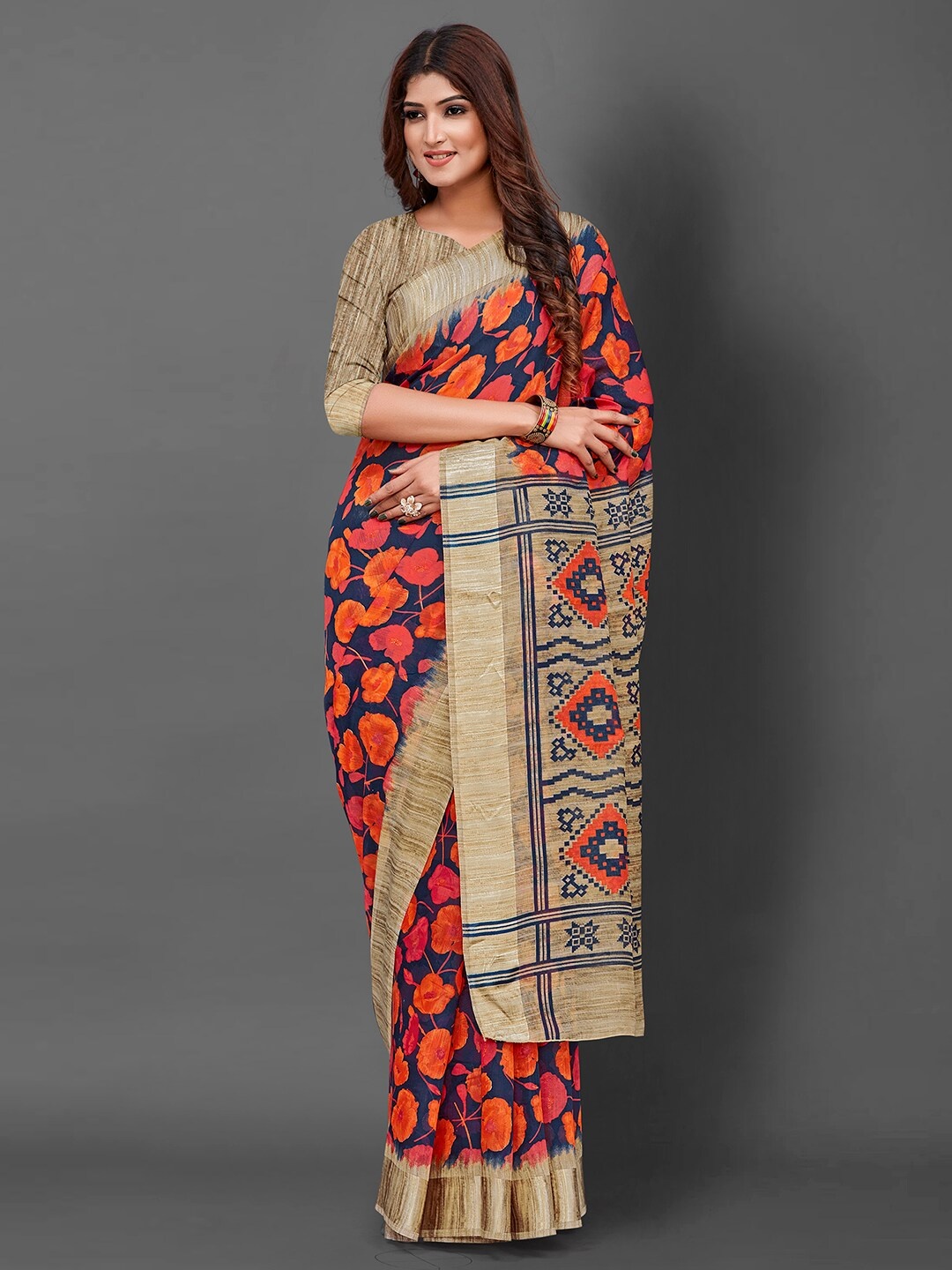 

KALINI Floral Printed Saree, Navy blue
