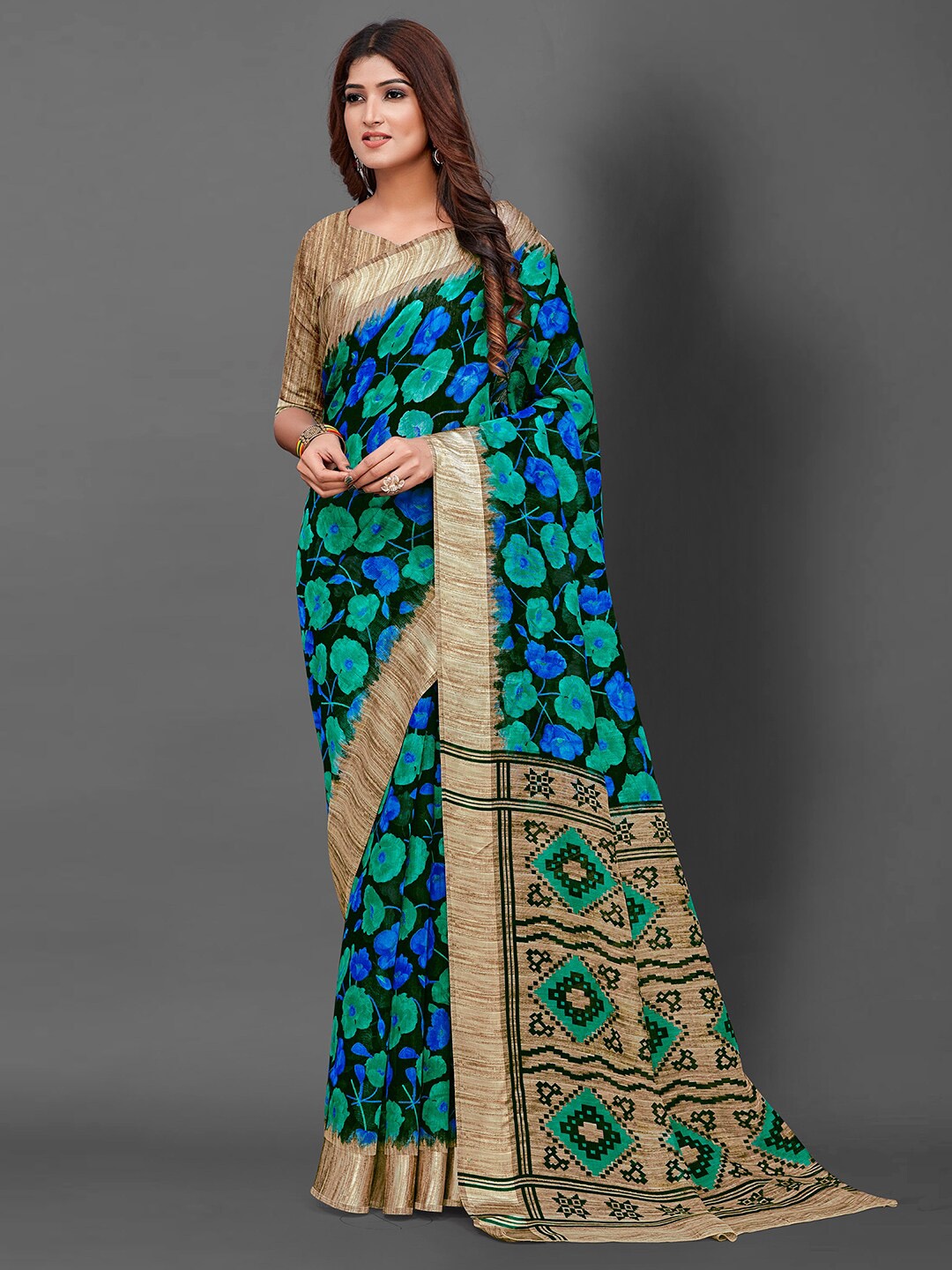 

KALINI Floral Printed Block Print Saree, Green