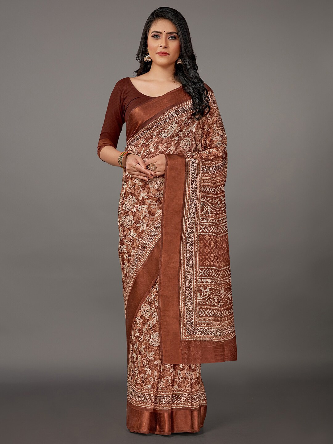 

KALINI Floral Printed Block Print Saree, Brown