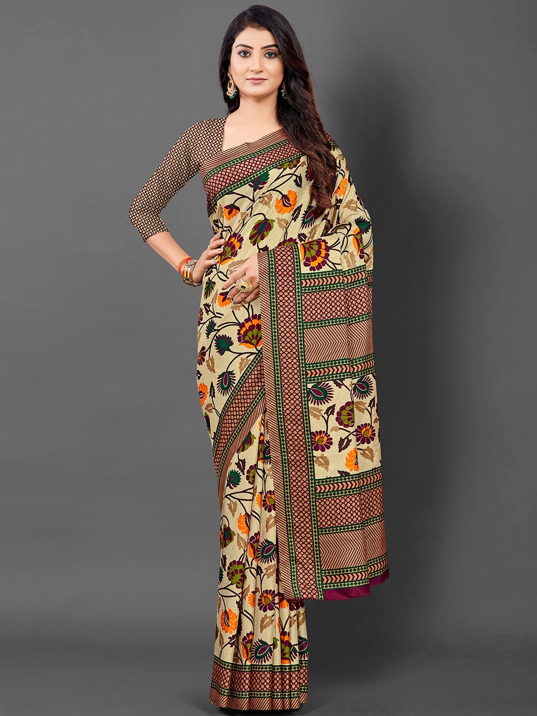 

KALINI Floral Printed Saree, Cream